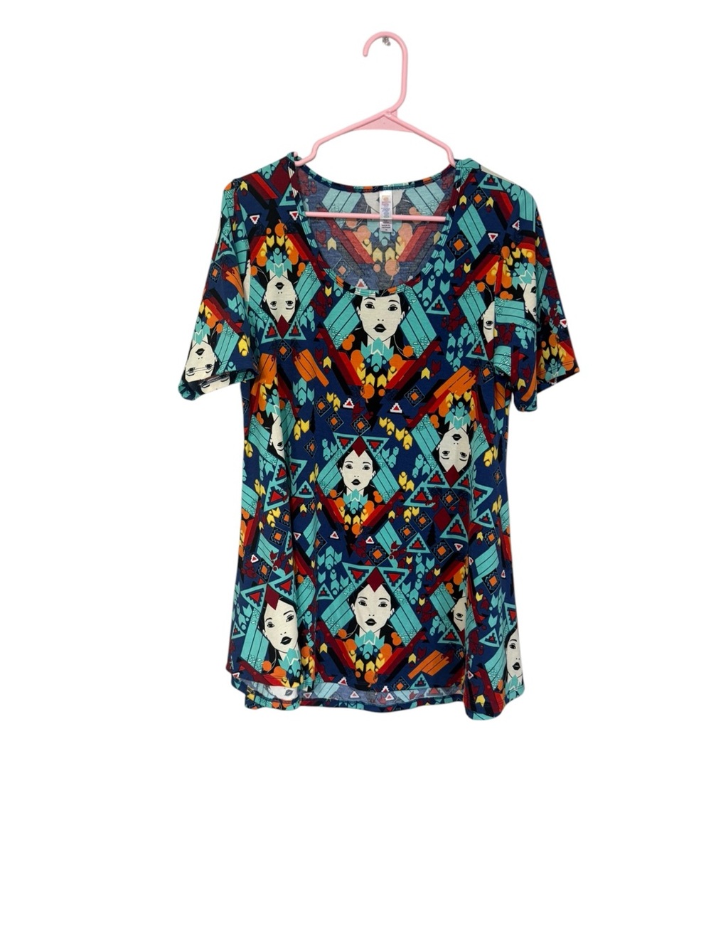 LuLaRoe Teal Navy Geometric & Face Print V-Neck Top